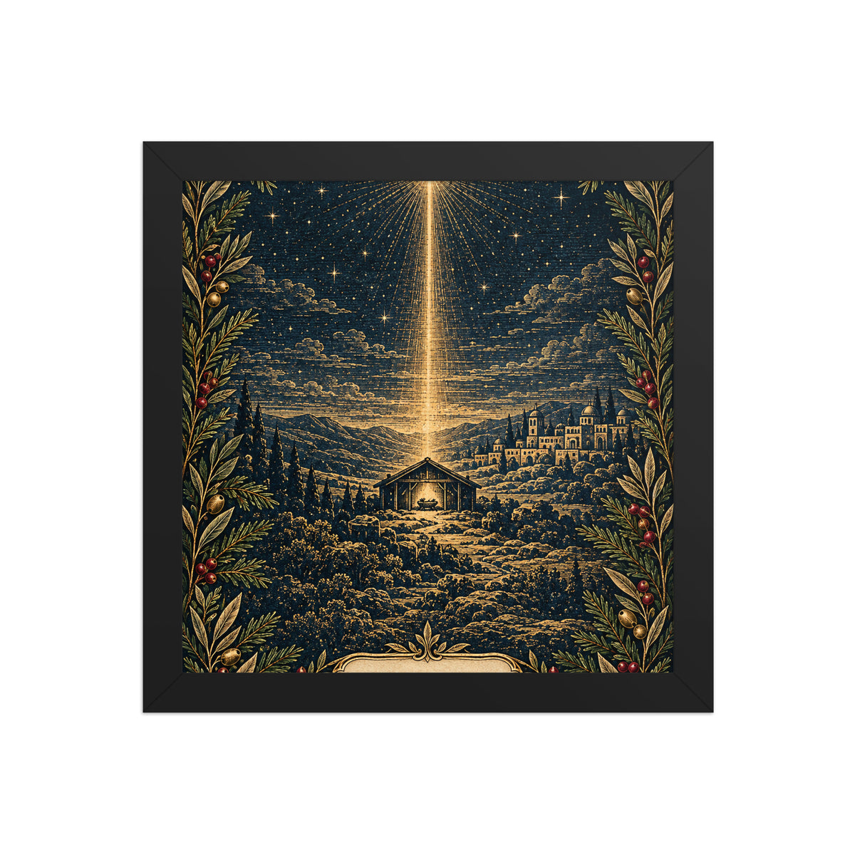 Bethlehem Nativity framed poster on black matte paper, featuring a detailed nativity scene, by Tristan's Outlet in a 10x10 size.