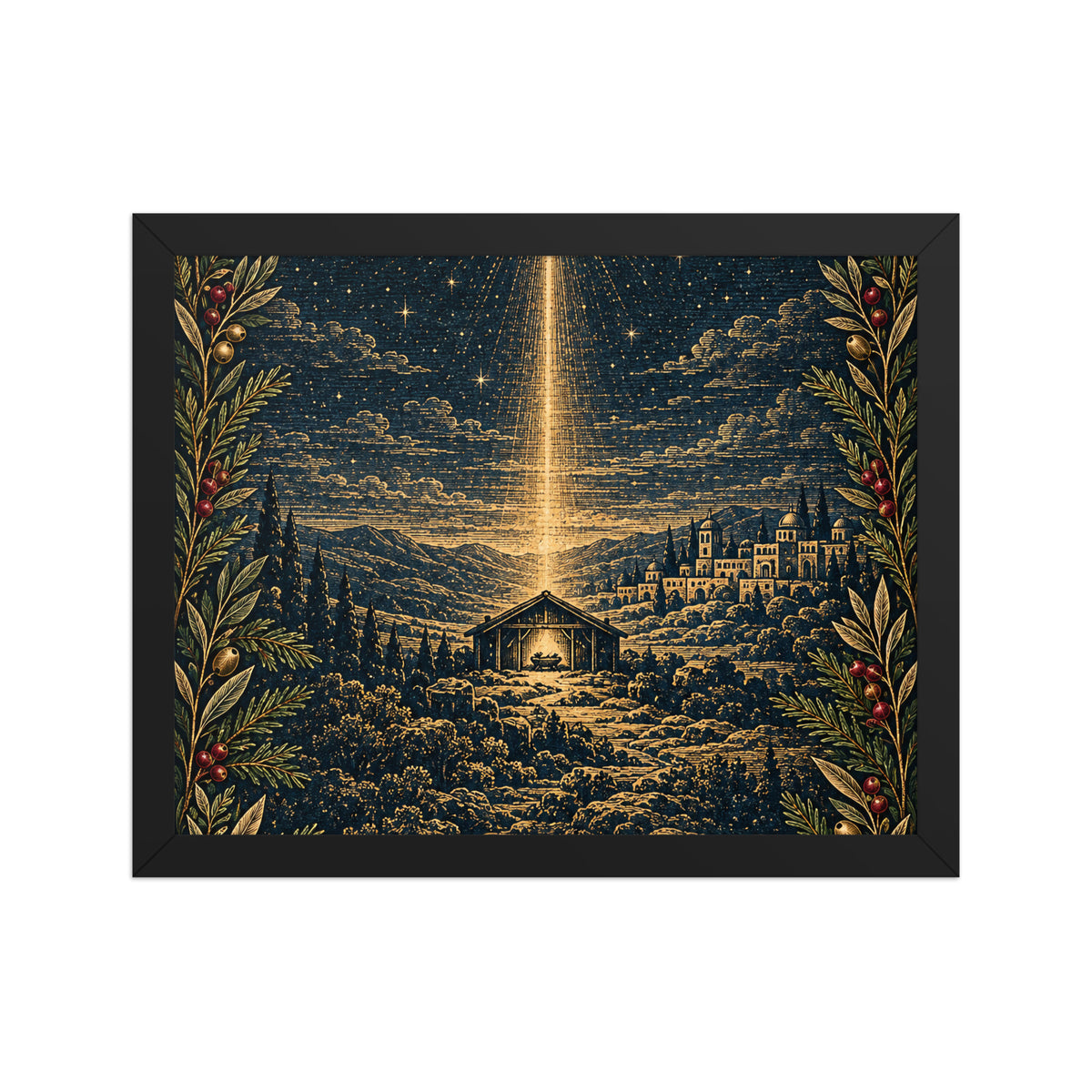 Bethlehem Nativity framed poster by Tristan's Outlet on enhanced matte paper, black frame, 11x14 inches, front view.