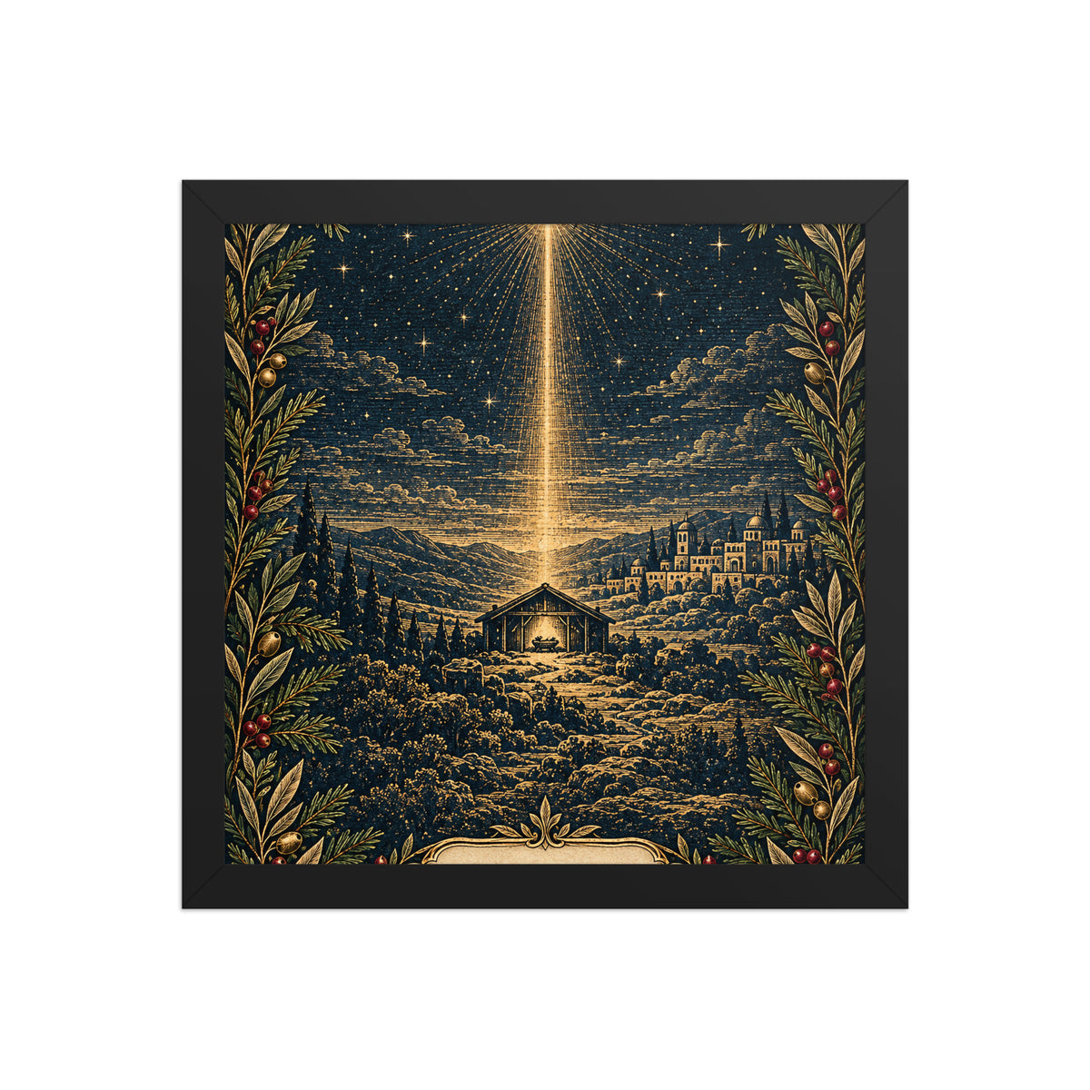 Bethlehem Nativity framed poster by Tristan's Outlet on enhanced matte paper, 12x12 inches with black frame.