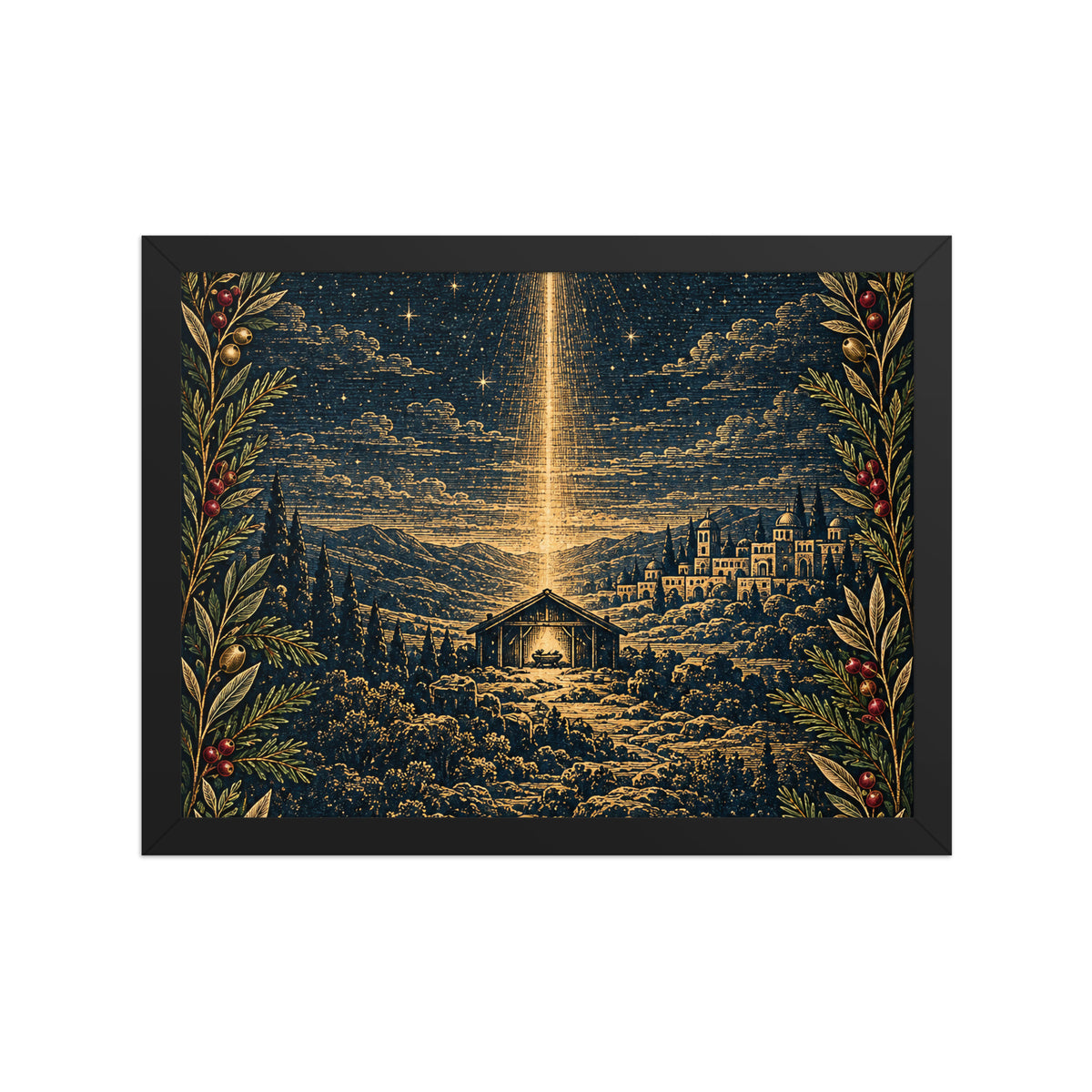 Bethlehem Nativity Framed Poster by Tristan's Outlet featuring a detailed nativity scene on matte paper in a black frame, 12x16 inches.