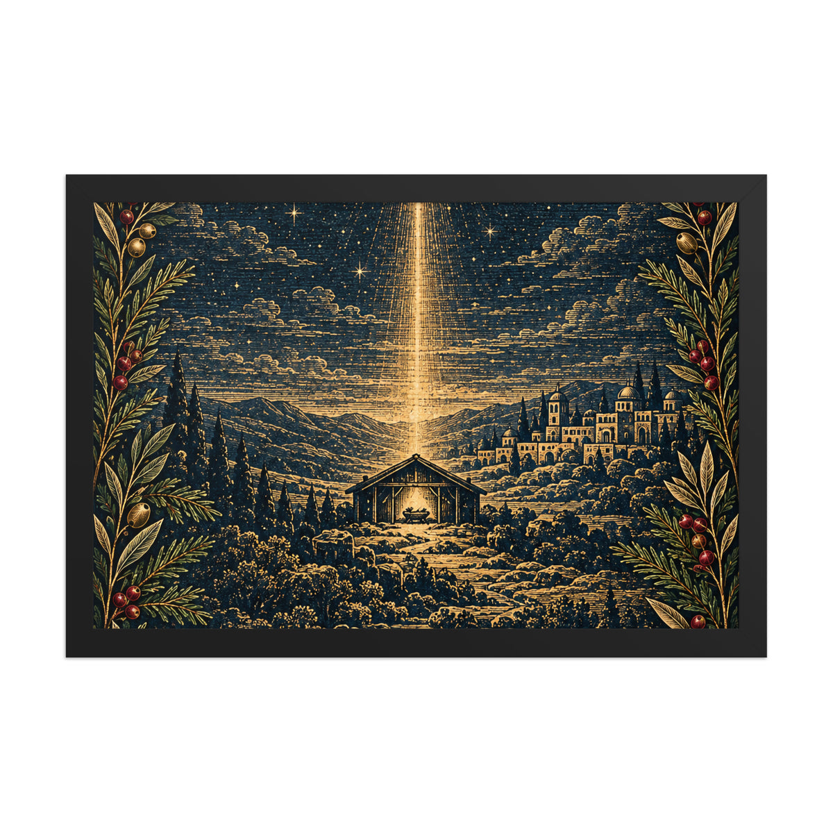 Bethlehem Nativity framed poster on matte paper with black frame, 12x18 inches, displayed front view by Tristan's Outlet