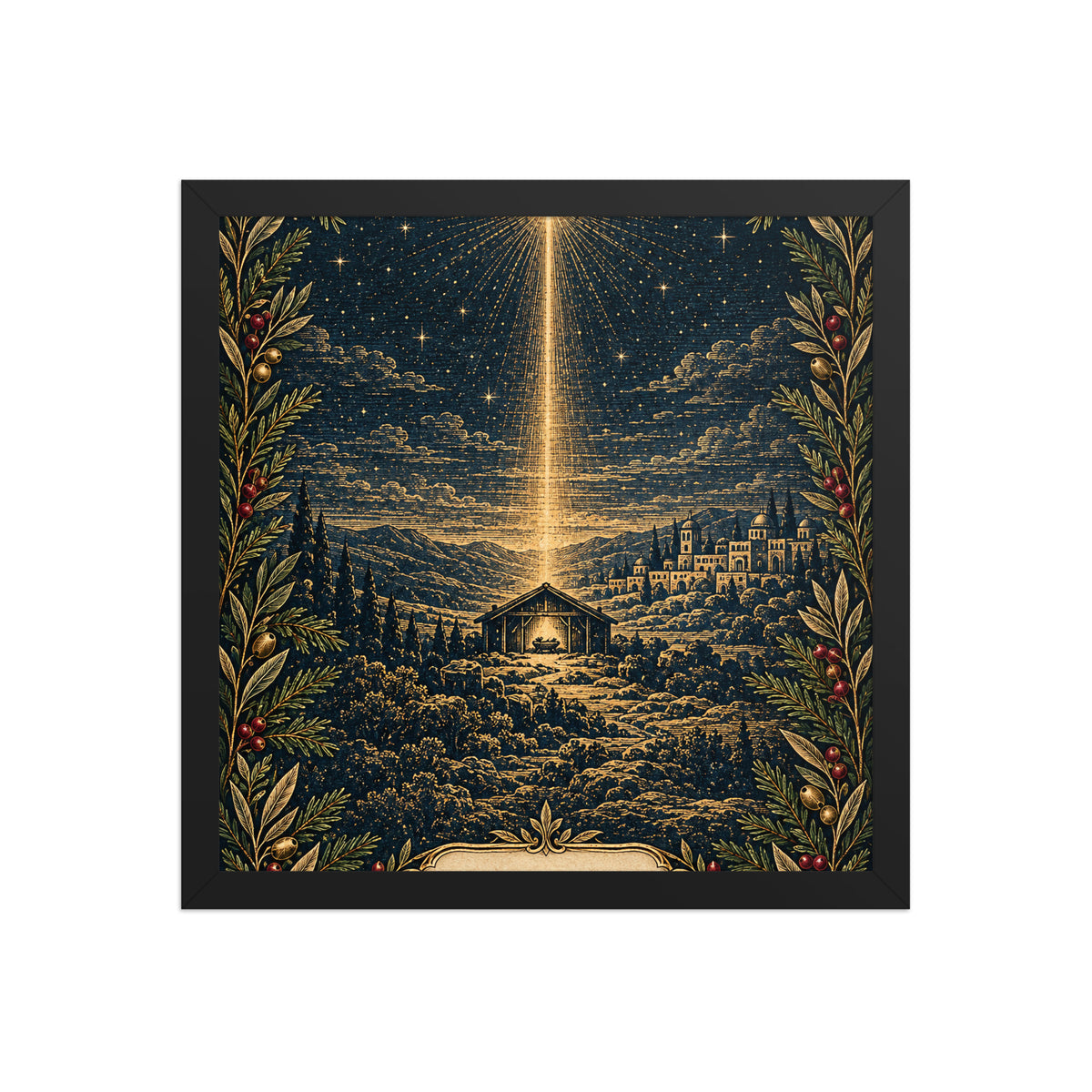 Bethlehem Nativity framed poster on enhanced matte paper, featuring a black frame, 14x14 inches, by Tristan's Outlet.