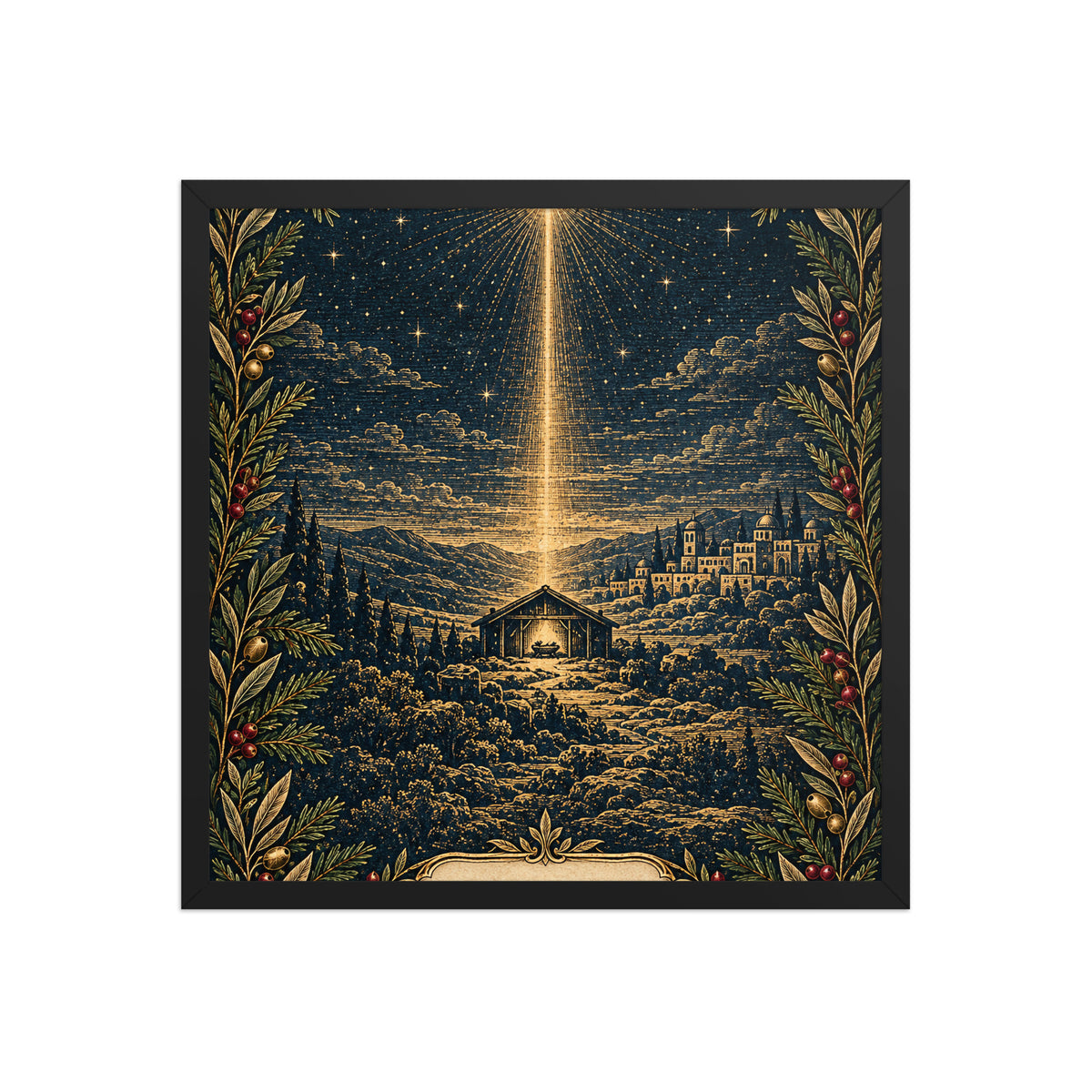 Bethlehem Nativity framed poster on black matte paper, 18x18 inches, featuring a detailed nativity scene artwork by Tristan's Outlet.