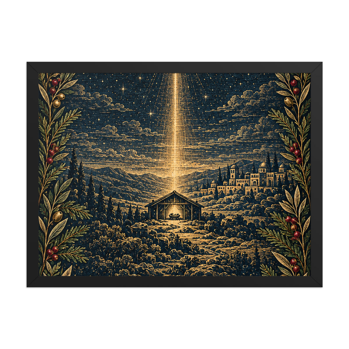 Bethlehem Nativity framed poster by Tristan's Outlet on matte paper with a black frame, 18x24 inches, featuring a detailed nativity scene.