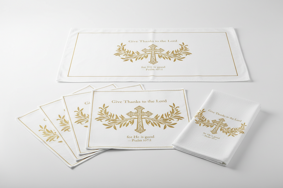 Faith Home Collection tableware set with "Give Thanks to the Lord" design, featuring decorative plates and cups for religious gatherings.
