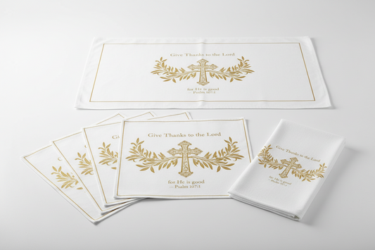 Faith Home Collection tableware set with "Give Thanks to the Lord" design, featuring decorative plates and cups for religious gatherings.
