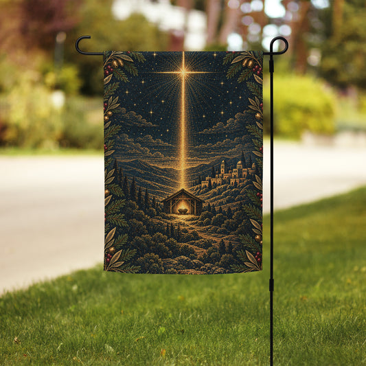 Bethlehem Nativity garden flag by Tristan's Outlet featuring a white background and festive nativity scene design.