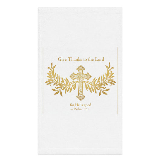 White Faith Hand Towel with scripture print, 28x16 inches, decorative sublimation design, ideal for home decor.