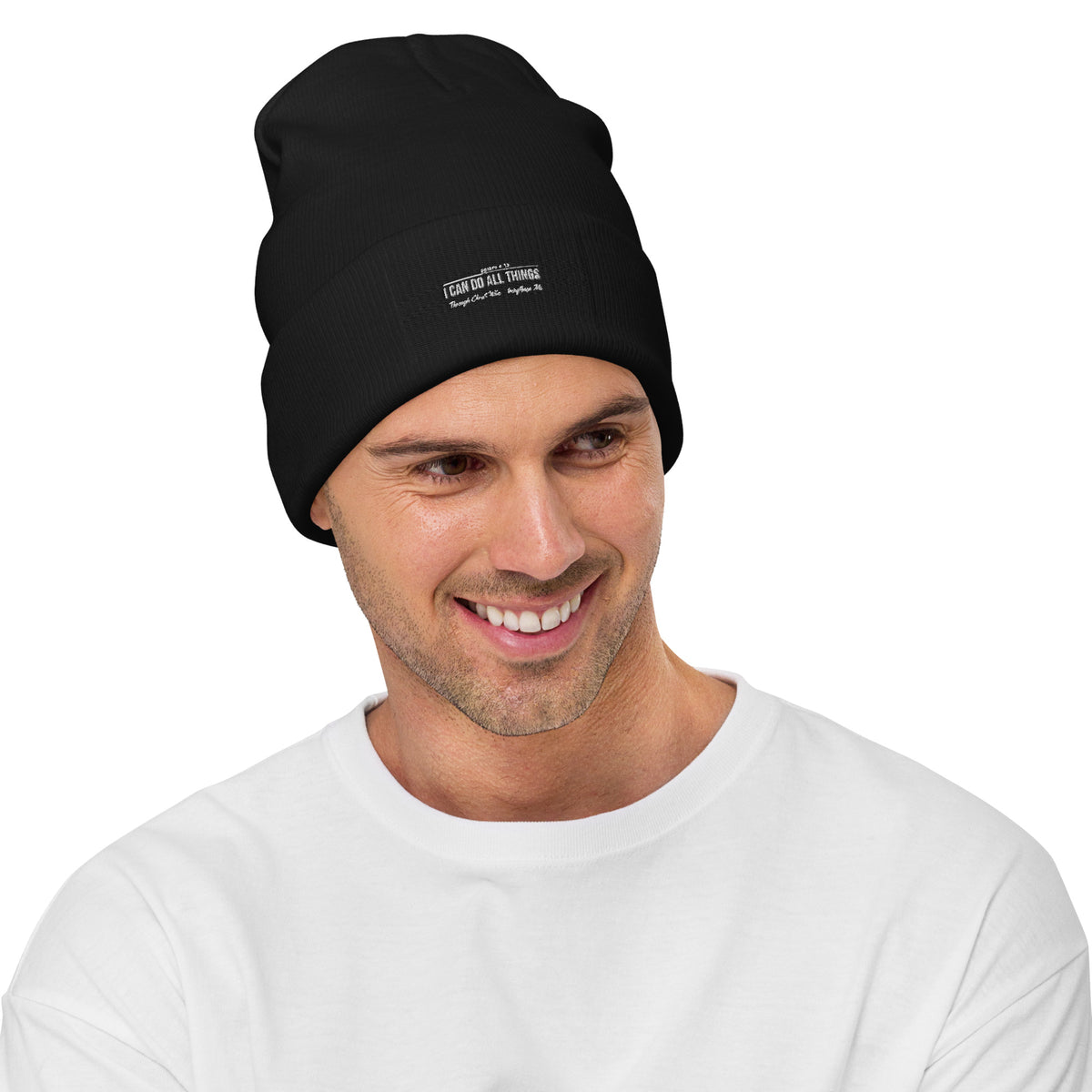Black knit beanie featuring Philippians 4:13 text, designed by Tristan's Outlet, perfect for casual wear and warmth.
