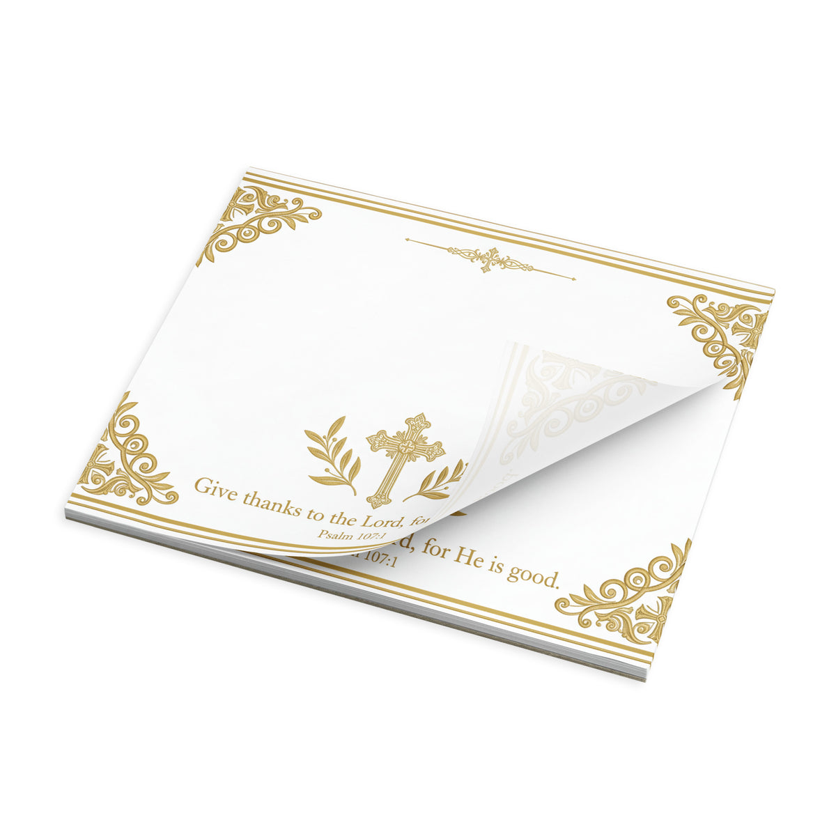 White Psalm 107:1 notepad by Tristan's Outlet with "Give Thanks to the Lord" inscription, 11x8.5 inches, ideal for gratitude notes.
