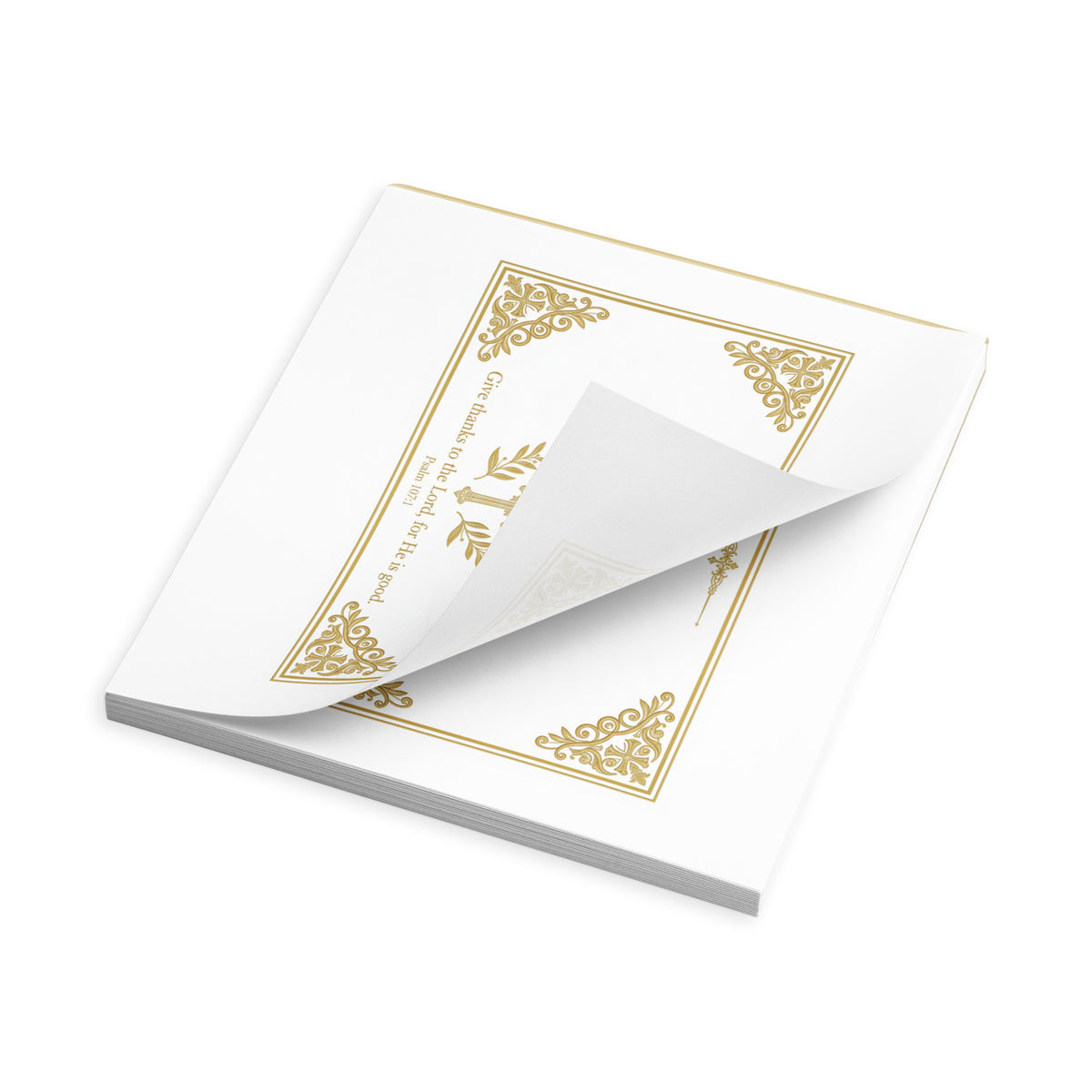 White Psalm 107:1 notepad from Tristan's Outlet with "Give Thanks to the Lord" message, 5.5x6 inches, blank pages inside.