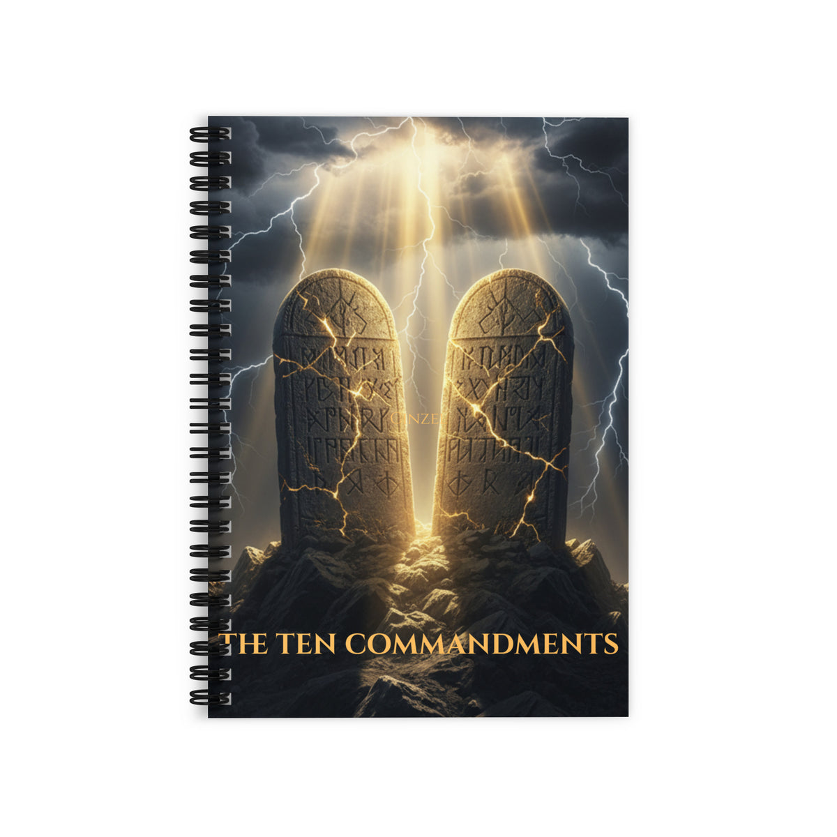 Hardcover journal with Ten Commandments design, premium faith notebook by Tristan's Outlet, featuring ruled lines on the front cover.