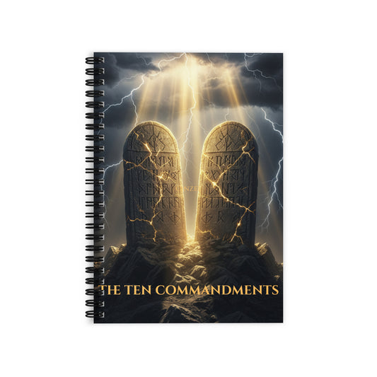 Hardcover journal with Ten Commandments design, premium faith notebook by Tristan's Outlet, featuring ruled lines on the front cover.