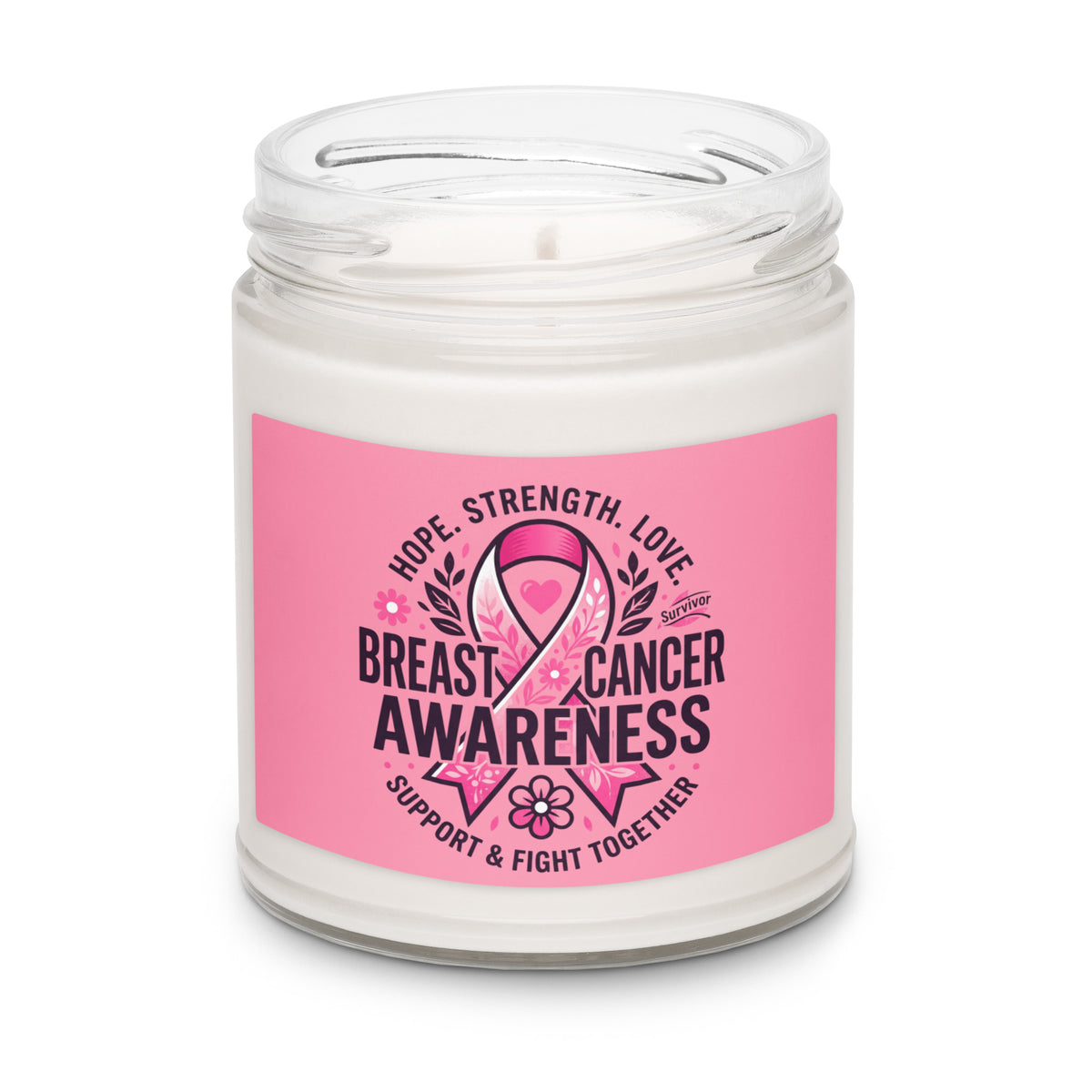Scented 9oz soy candle from Tristan's Outlet with Apple Harvest design, supporting breast cancer awareness and fight.