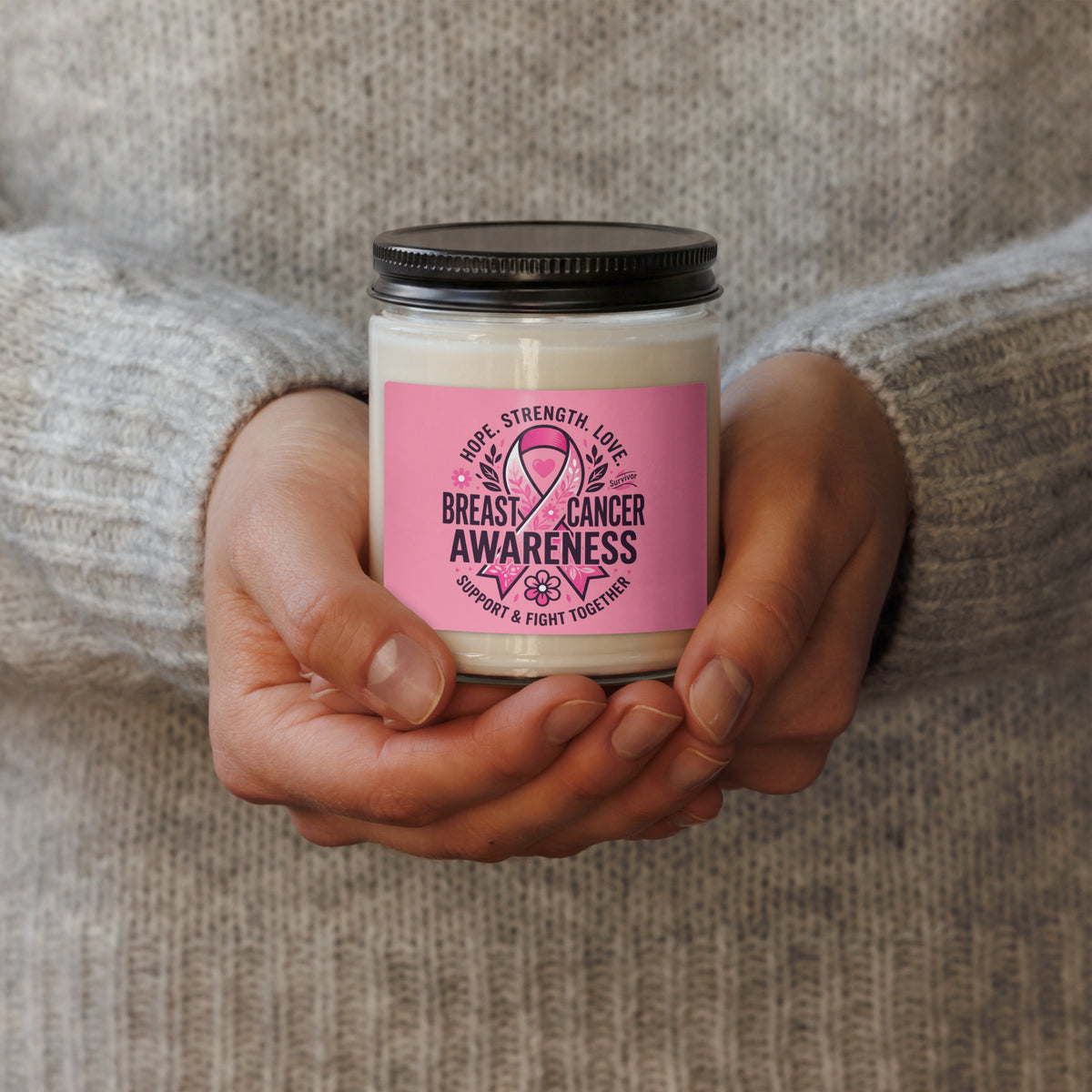 Tristan's Outlet 9oz apple harvest scented soy candle supporting breast cancer awareness with a front label display.