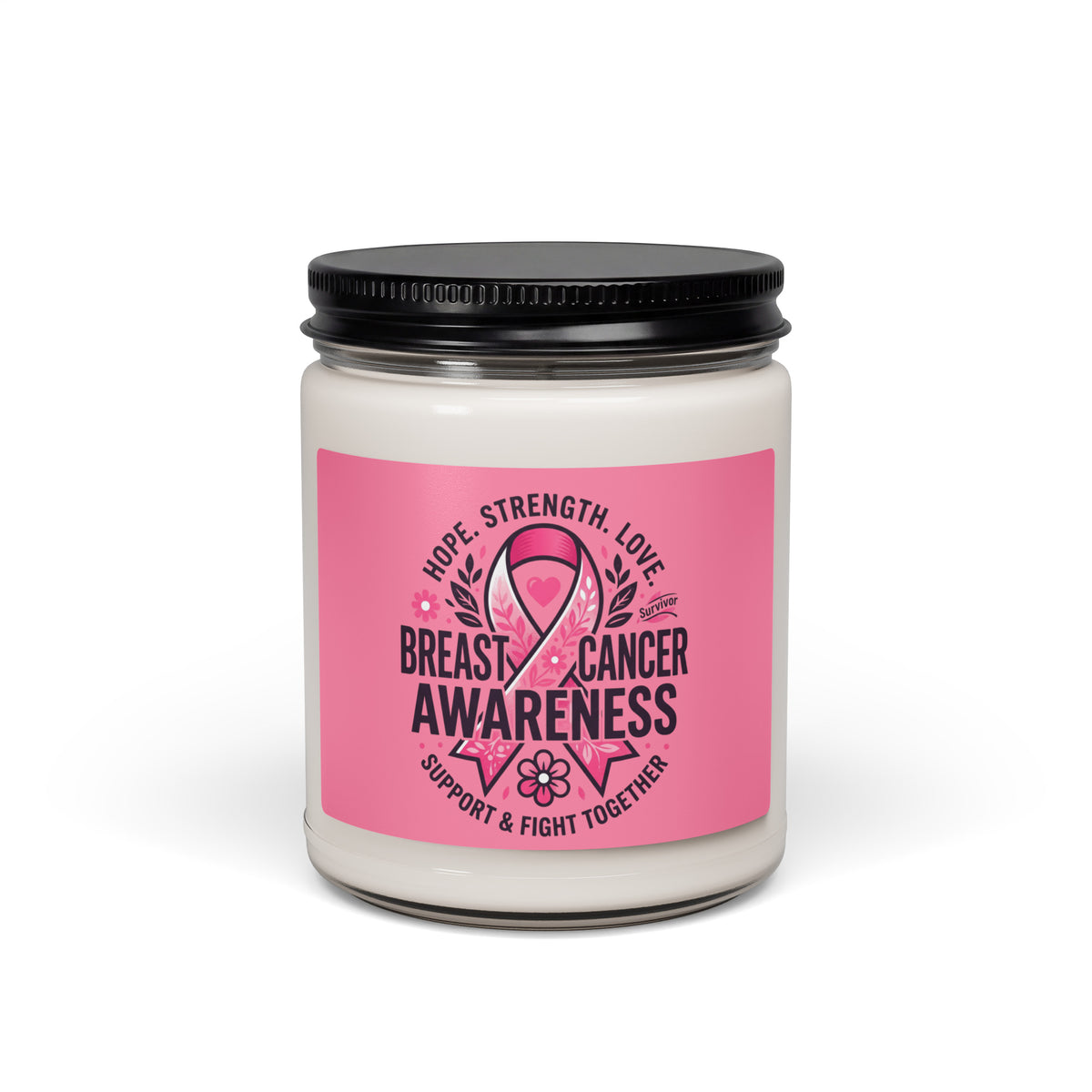 Scented 9oz soy candle from Tristan's Outlet with apple harvest design, supporting breast cancer awareness and fight.