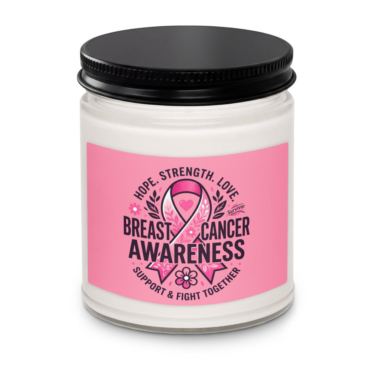 Soy candle in a 9oz jar featuring apple harvest design, supporting breast cancer awareness, by Tristan's Outlet.