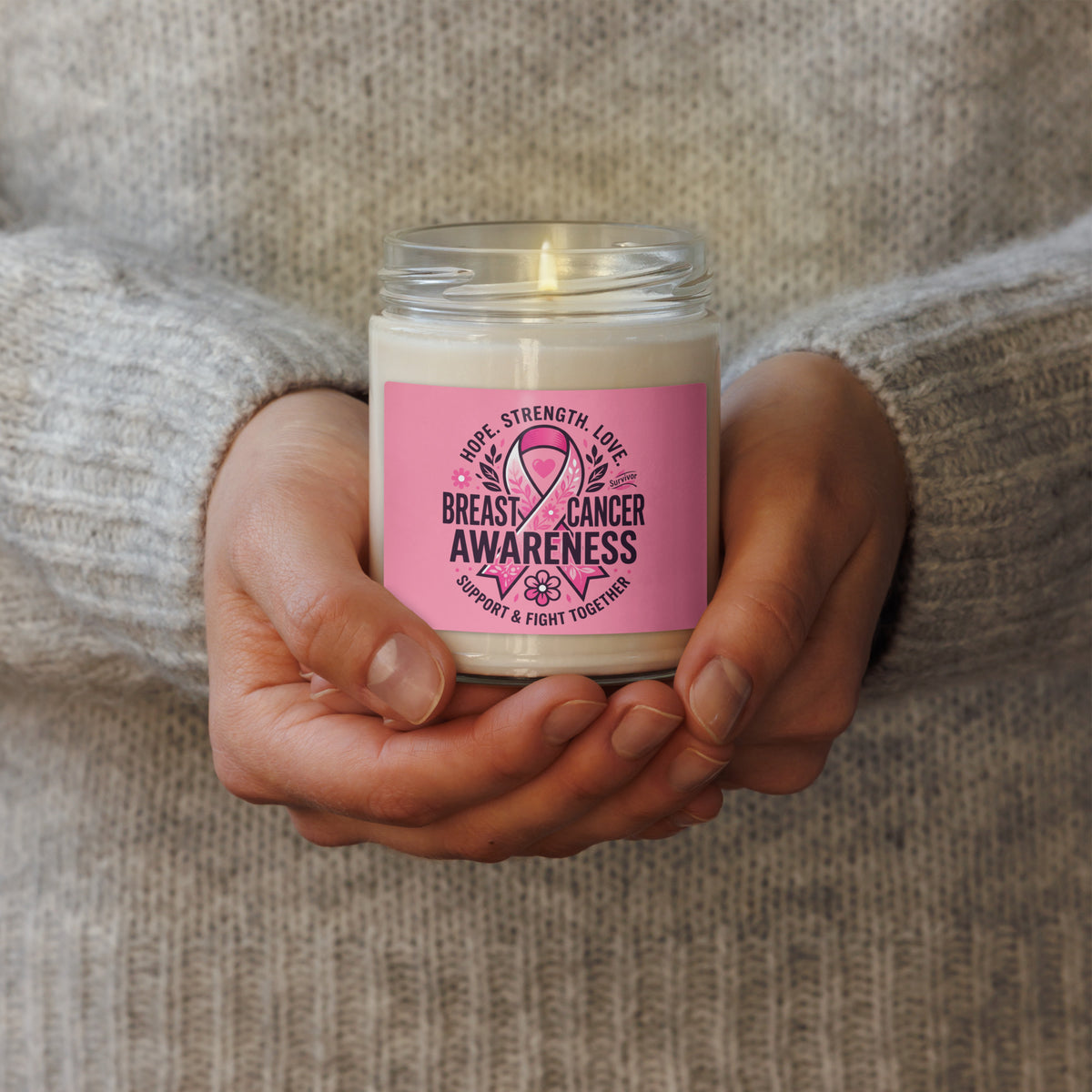 Scented 9oz soy candle in Apple Harvest scent, designed for breast cancer awareness support, by Tristan's Outlet.