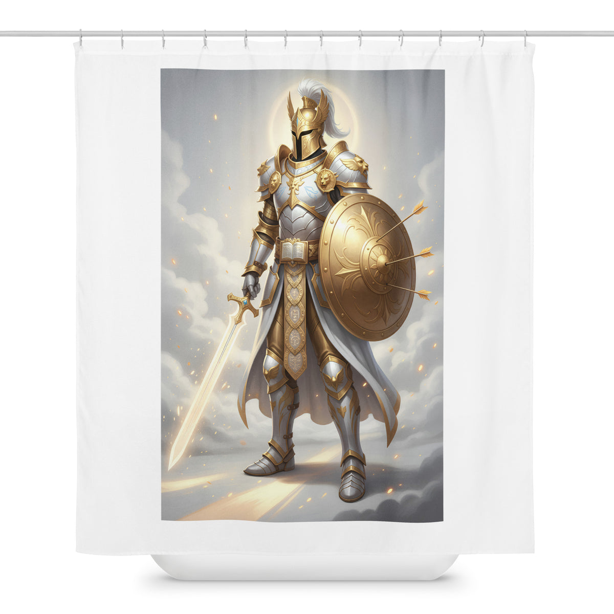 White Armor of God shower curtain by Tristan's Outlet, 71x74 inches, featuring biblical armor design for bathroom decor.
