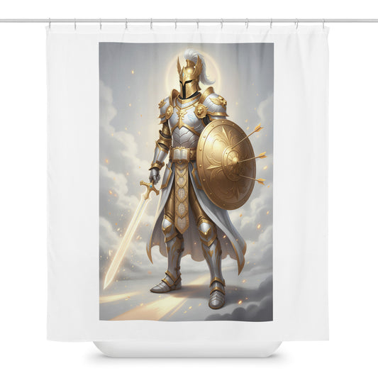 White Armor of God shower curtain by Tristan's Outlet, 71x74 inches, featuring biblical armor design for bathroom decor.