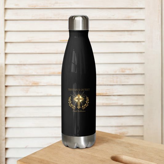 Black stainless steel insulated water bottle from Tristan's Outlet Faith Collection, 17 oz, front view showing sleek design.