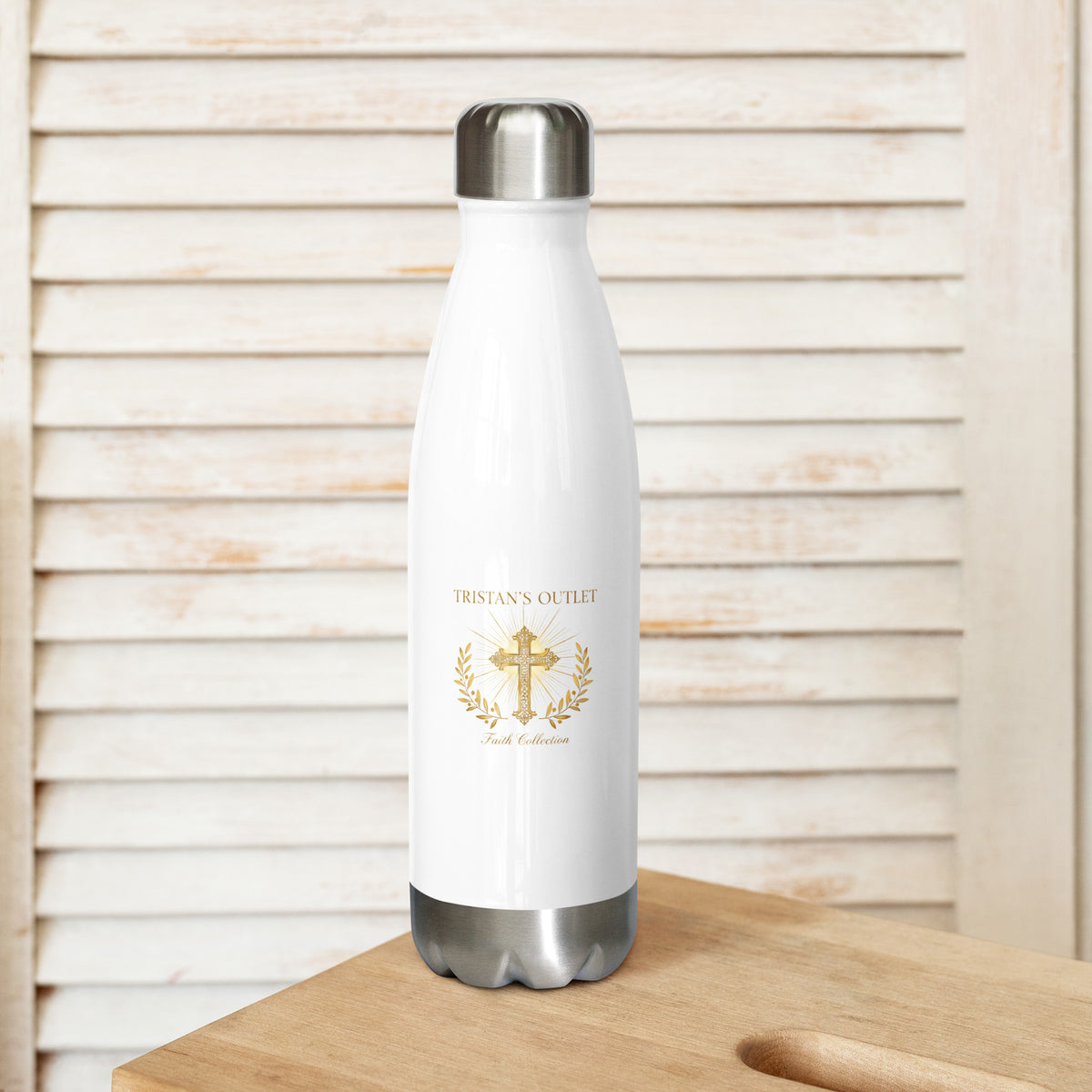 White stainless steel insulated water bottle from Tristan's Outlet Faith Collection, 17 oz, front view with sleek design.