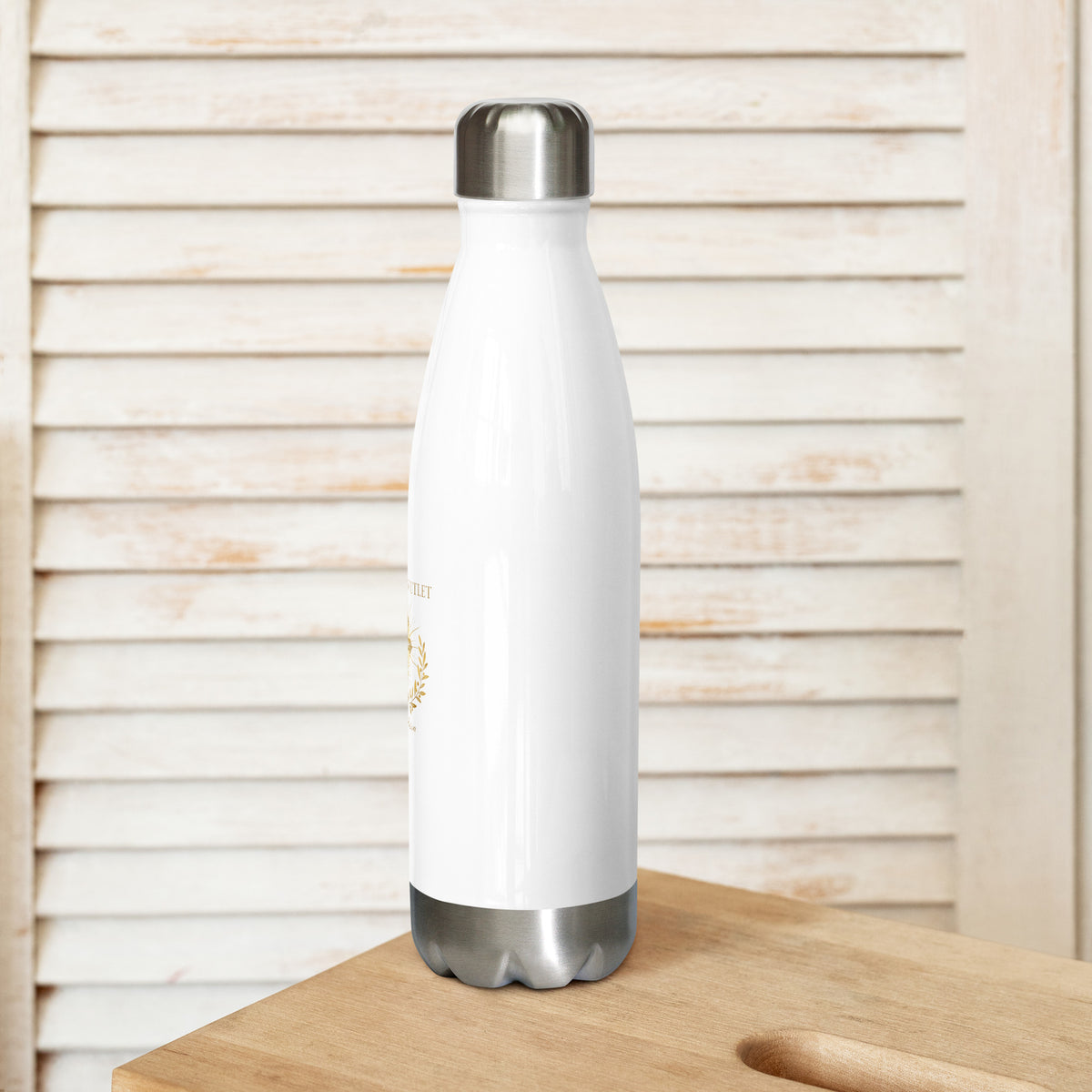 White stainless steel insulated water bottle from Tristan's Outlet Faith Collection, 17 oz, with a sleek design on a white background.