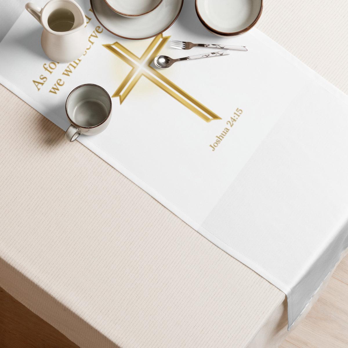 White Scripture Table Runner by Tristan's Outlet, 90×16 inches, featuring sublimation print for home decor and table wear.