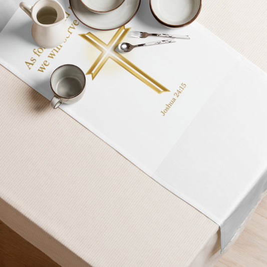 White Scripture Table Runner by Tristan's Outlet, 90×16 inches, featuring sublimation print for home decor and table wear.