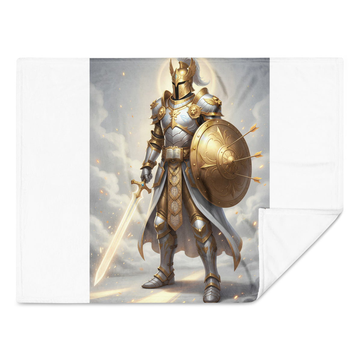 Whole Armor of God throw blanket by Tristan's Outlet, featuring detailed religious design, 30x40 inches, front view.
