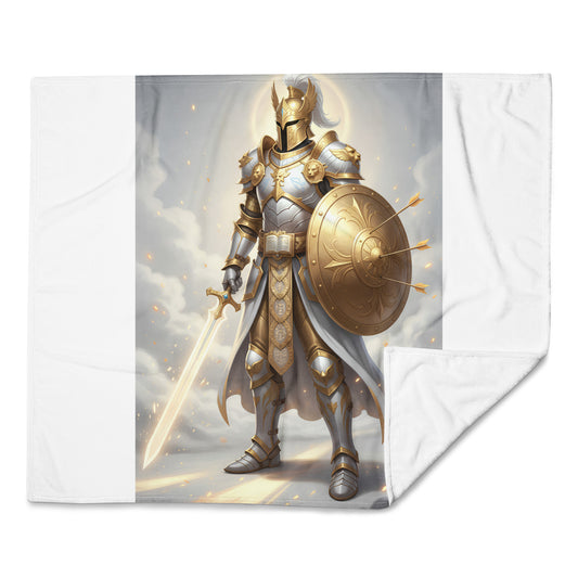 Whole Armor of God throw blanket from Tristan's Outlet, 50x60 inches, featuring detailed Christian-themed artwork on soft fabric.