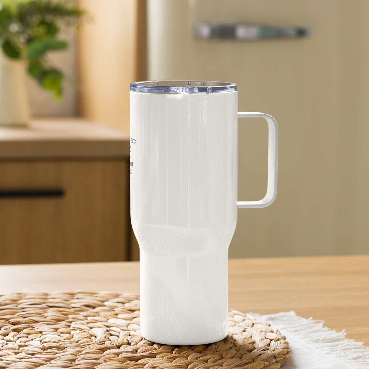 White 25 oz Faith Travel Mug with handle featuring "His Mercies Are New Every Morning" text for inspiring drinkware.