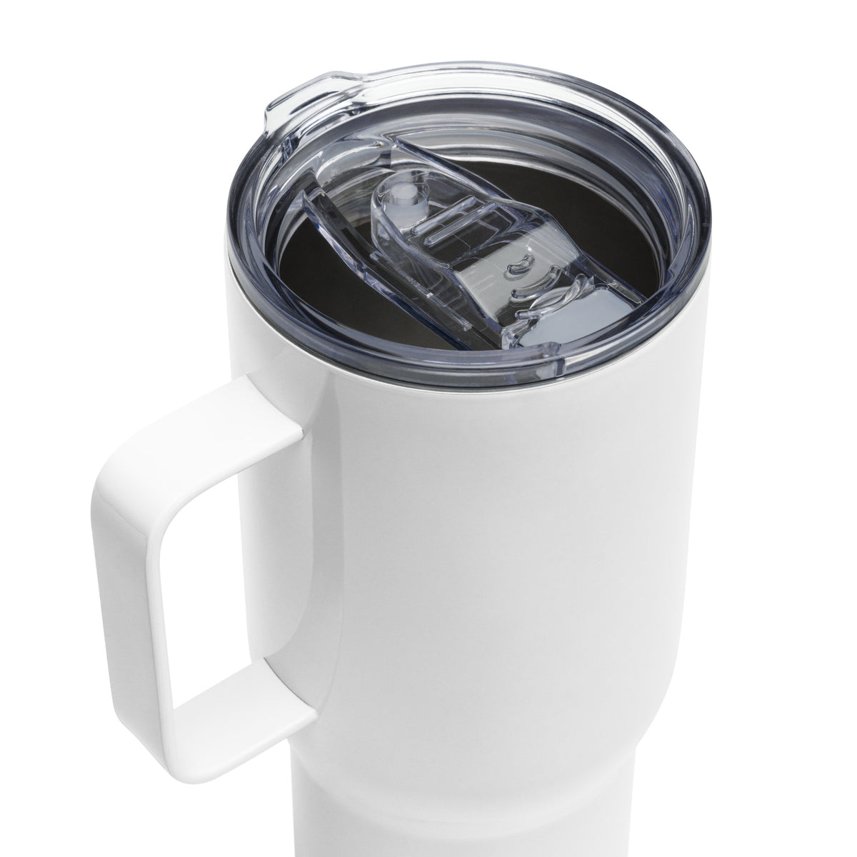 White 25 oz Faith Travel Mug with handle featuring "His Mercies Are New Every Morning" text, durable drinkware by Tristan's Outlet.