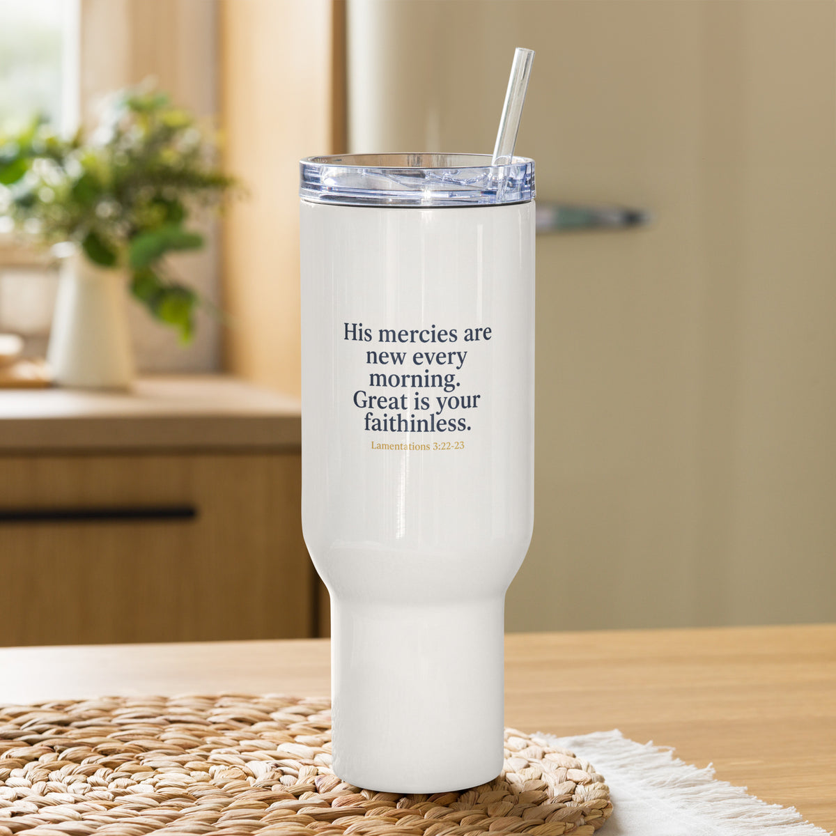 White 40 oz Faith Travel Mug by Tristan's Outlet with handle and inspirational "His Mercies Are New Every Morning" design.