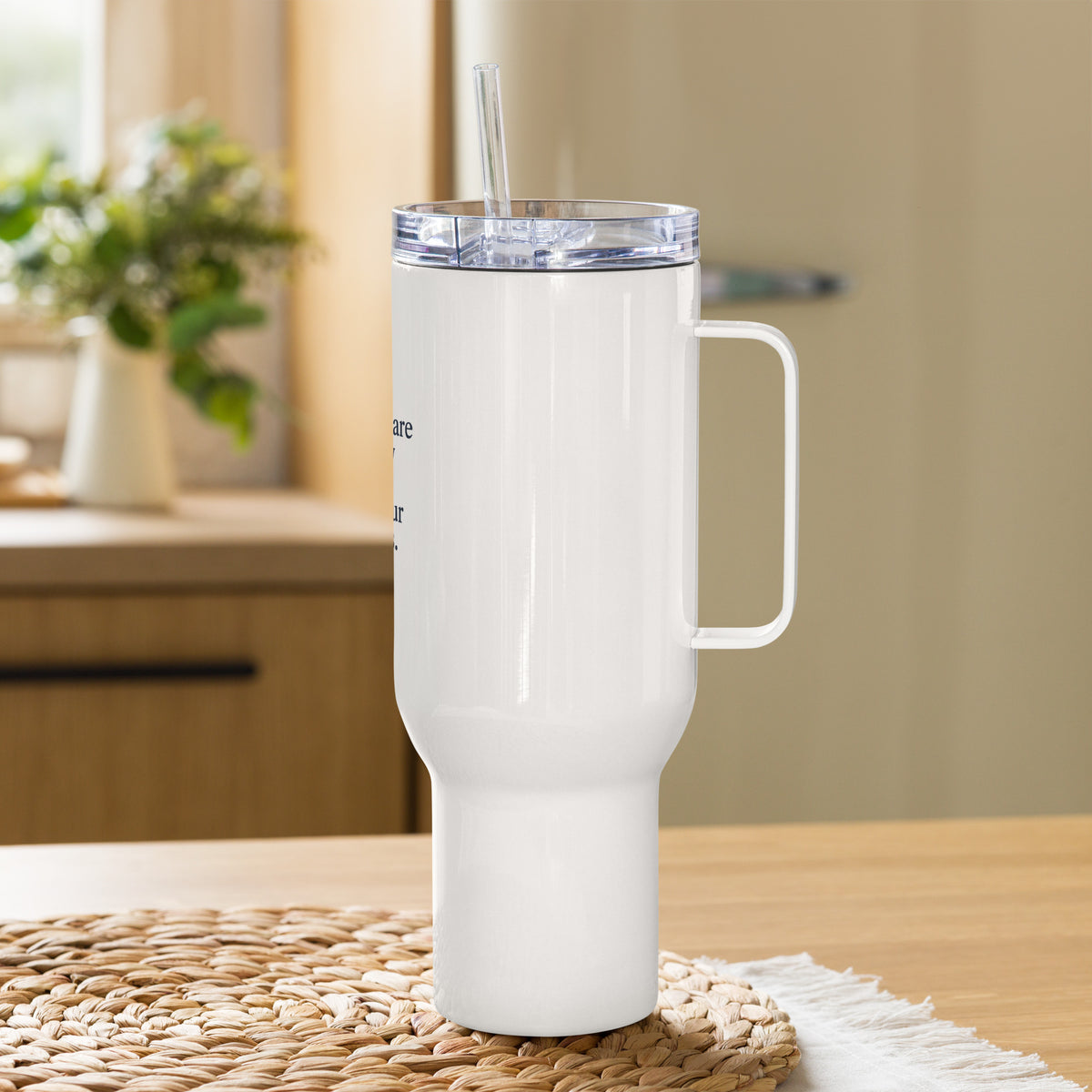 White 40 oz Faith Travel Mug with handle featuring "His Mercies Are New Every Morning" text, perfect for Christian daily inspiration.