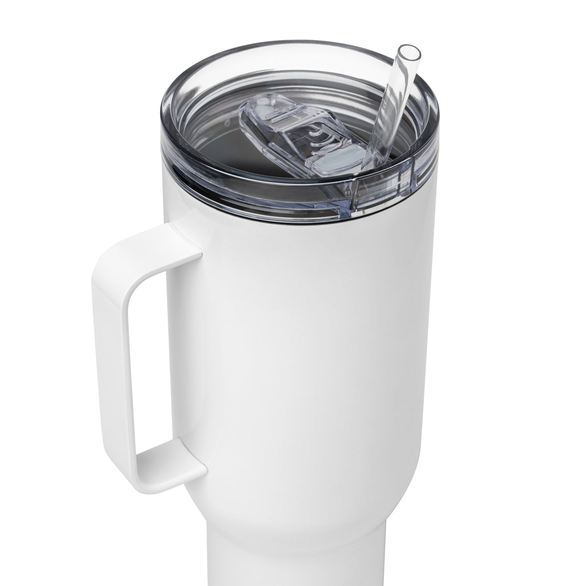 White 40 oz Faith Travel Mug with handle featuring "His Mercies Are New Every Morning" text, ideal for hot and cold drinks.