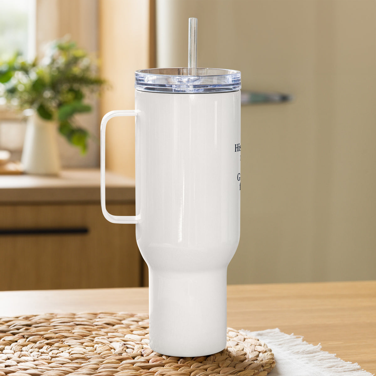 White 40 oz Faith Travel Mug with handle from Tristan's Outlet featuring "His Mercies Are New Every Morning" design.