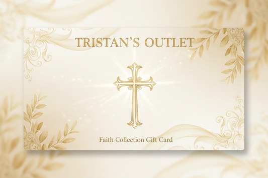 Tristan's Outlet Faith Collection gift card featuring religious-themed design, perfect for spiritual gifts and special occasions.