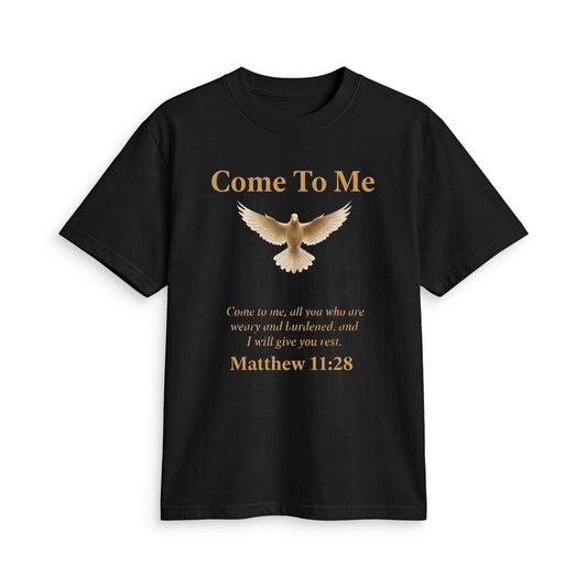 Black unisex faith T-shirt featuring Come To Me Matthew 11:28 scripture, casual Christian apparel by Tristan's Outlet.