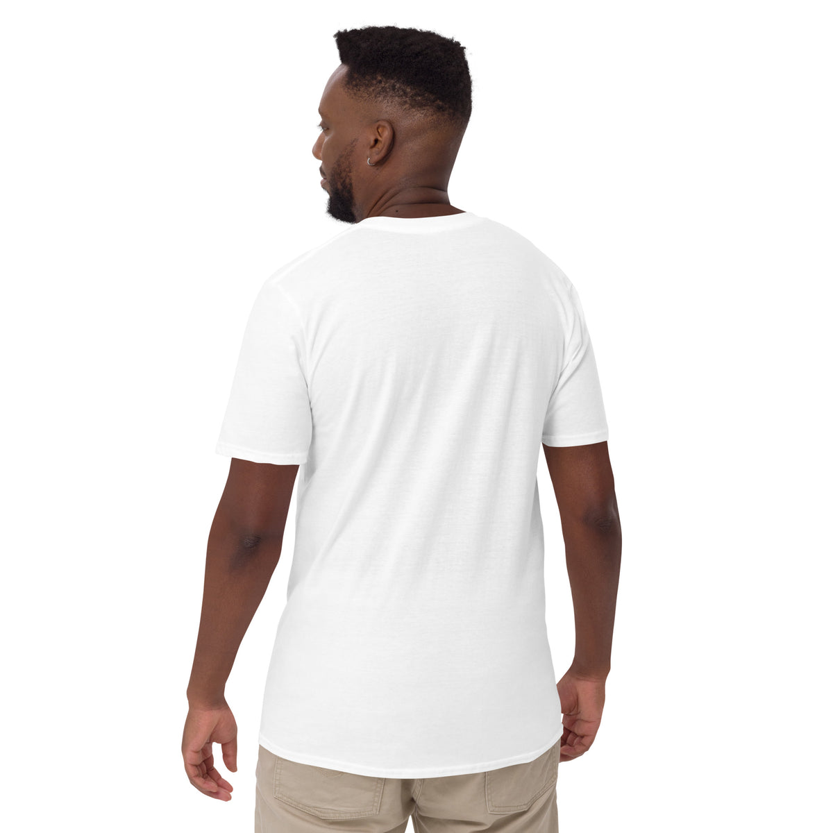 White unisex short-sleeve T-shirt from Tristan's Outlet, soft cotton fabric, shown from the back.