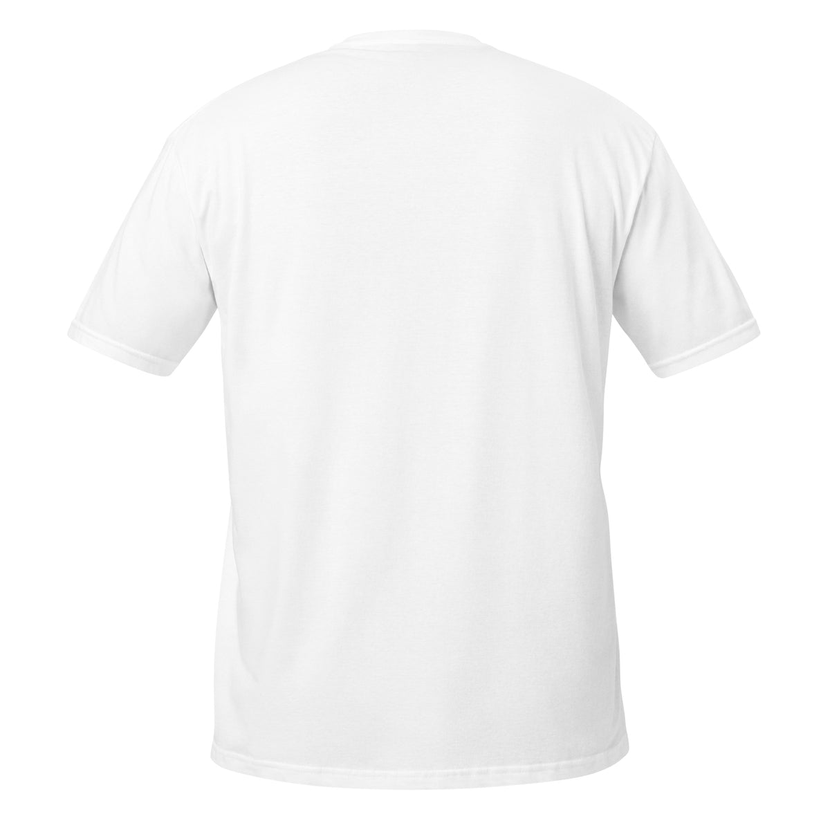 White unisex short-sleeve T-shirt from Tristan's Outlet, soft cotton fabric, back view showing classic fit and simple design.