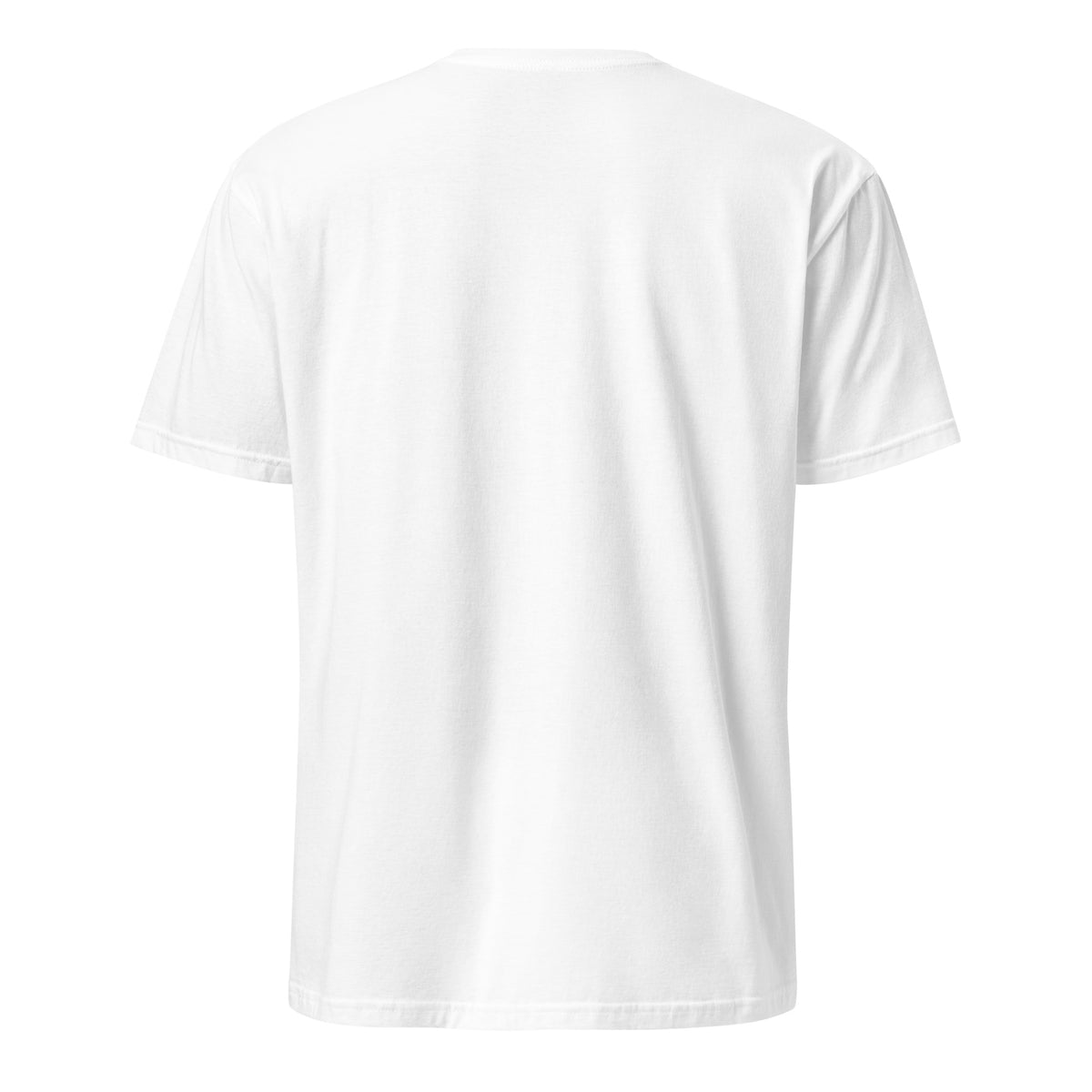 White unisex short-sleeve T-shirt from Tristan's Outlet, soft cotton fabric, plain design, shown from the back.