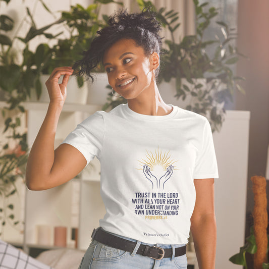 White unisex short-sleeve T-shirt from Tristan's Outlet, featuring a basic softstyle design and a classic fit.