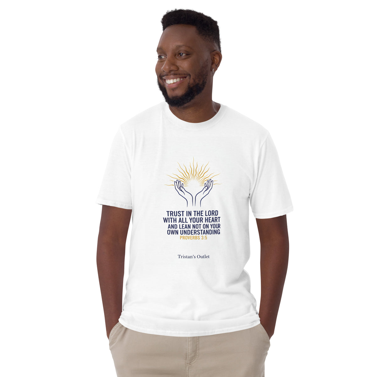 White short-sleeve unisex T-shirt from Tristan's Outlet, soft cotton fabric, front view showing classic crew neck style.