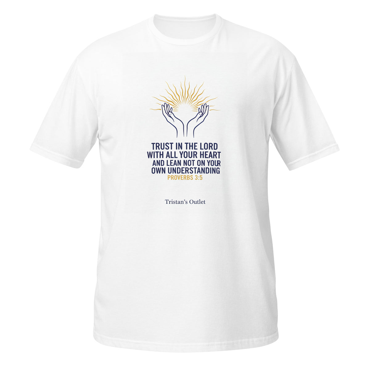 White unisex short-sleeve T-shirt from Tristan's Outlet, soft cotton fabric, front view showing classic crew neck style.