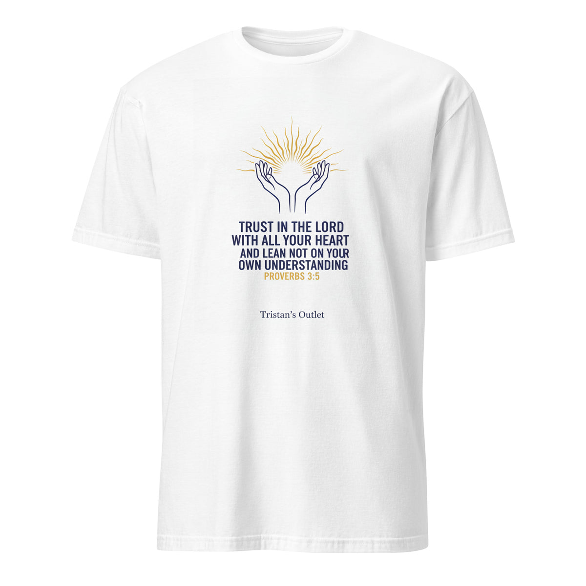 White unisex short-sleeve T-shirt from Tristan's Outlet, soft cotton fabric, front view showing a classic fit and crew neckline.