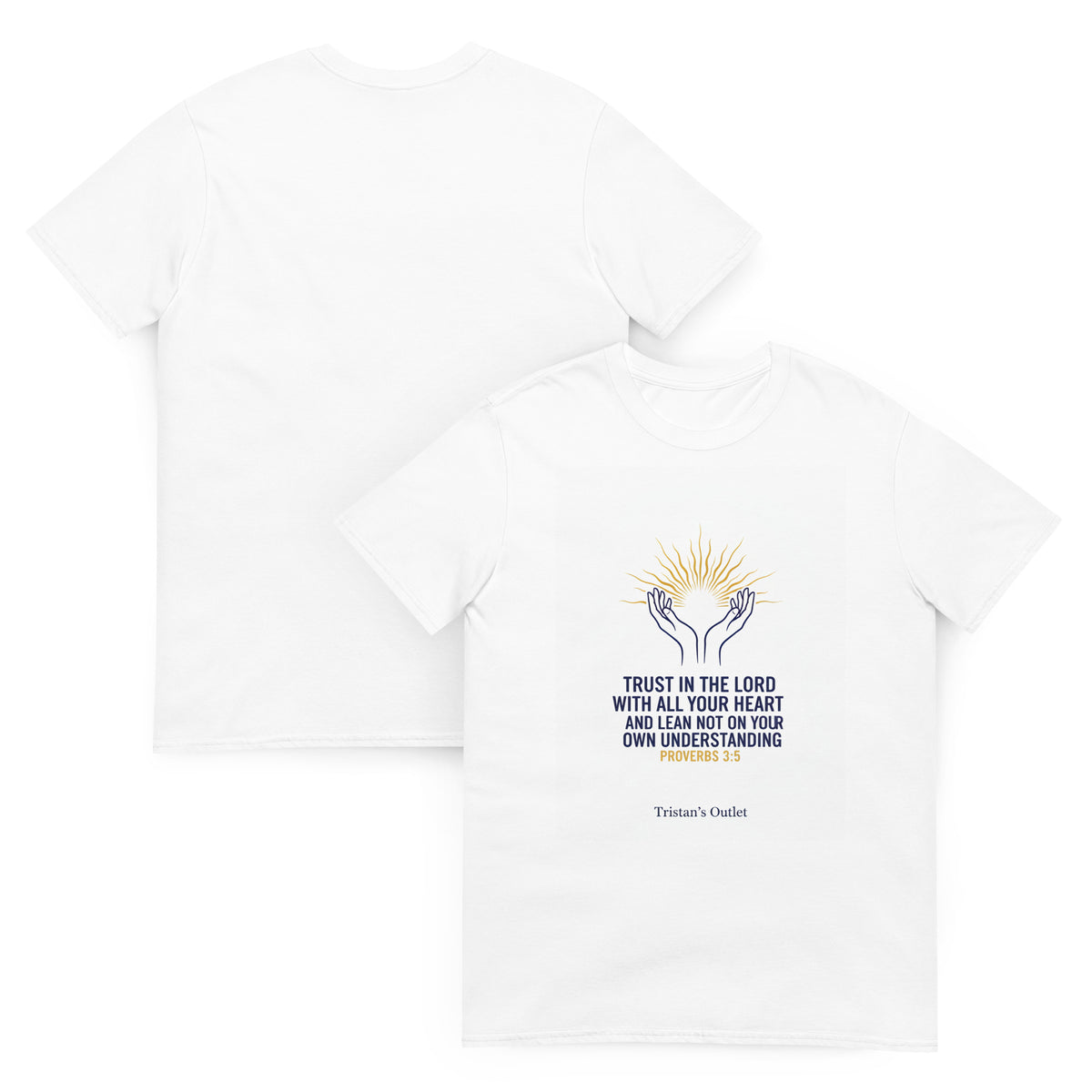 White unisex short-sleeve T-shirt from Tristan's Outlet, front and back view, soft and comfortable casual tee.