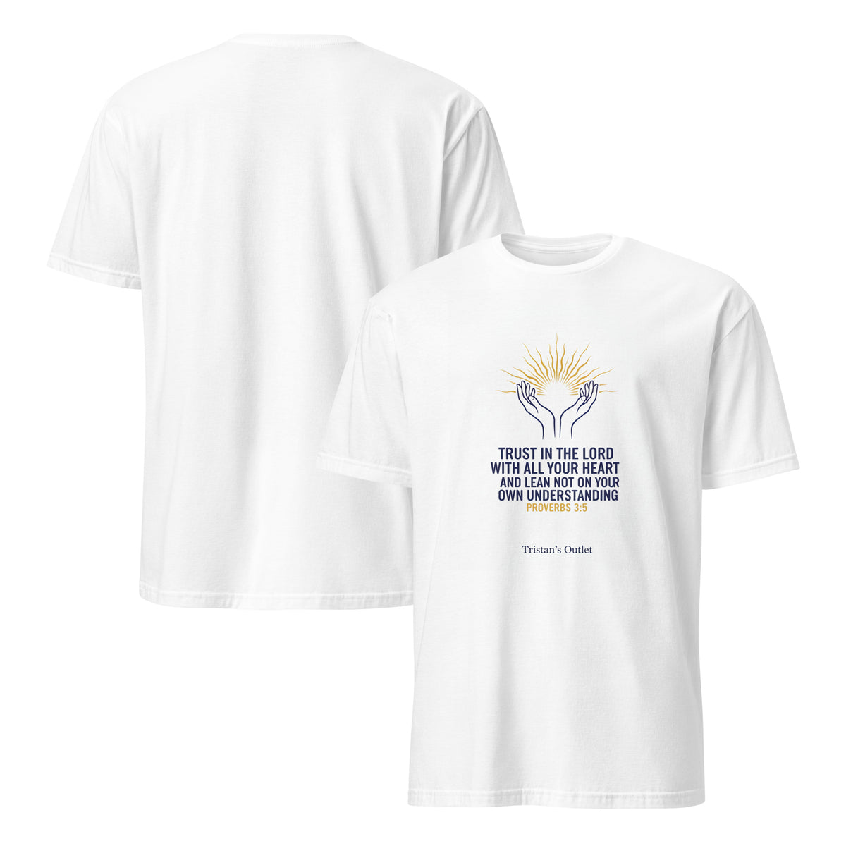 White unisex short-sleeve T-shirt by Tristan's Outlet, front and back view, soft cotton fabric, casual everyday wear.