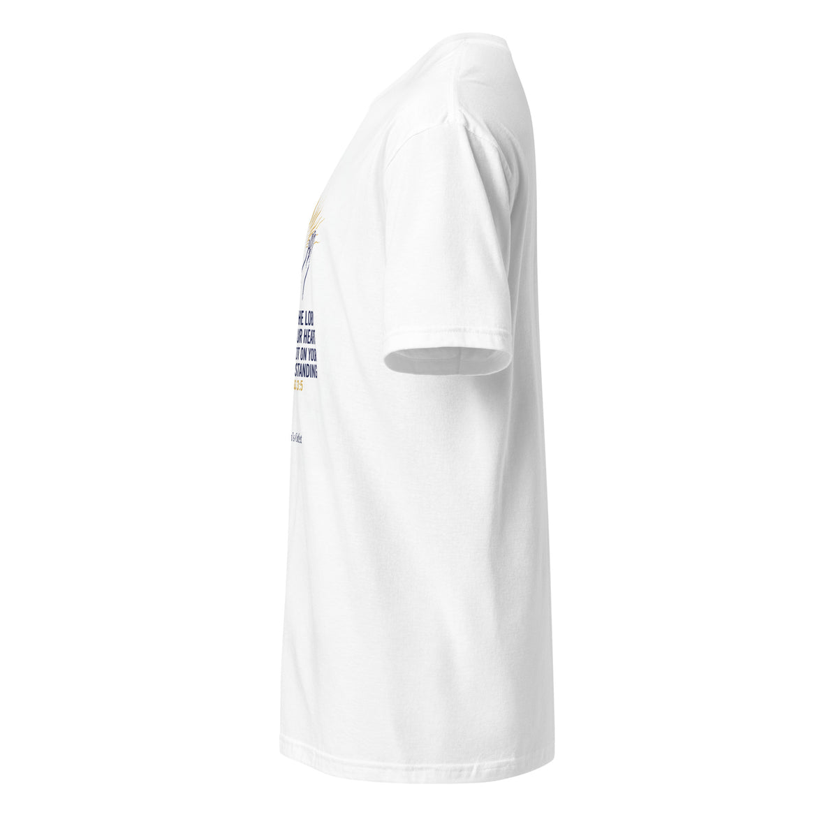 White unisex short-sleeve T-shirt from Tristan's Outlet, soft cotton fabric, shown from the left side.