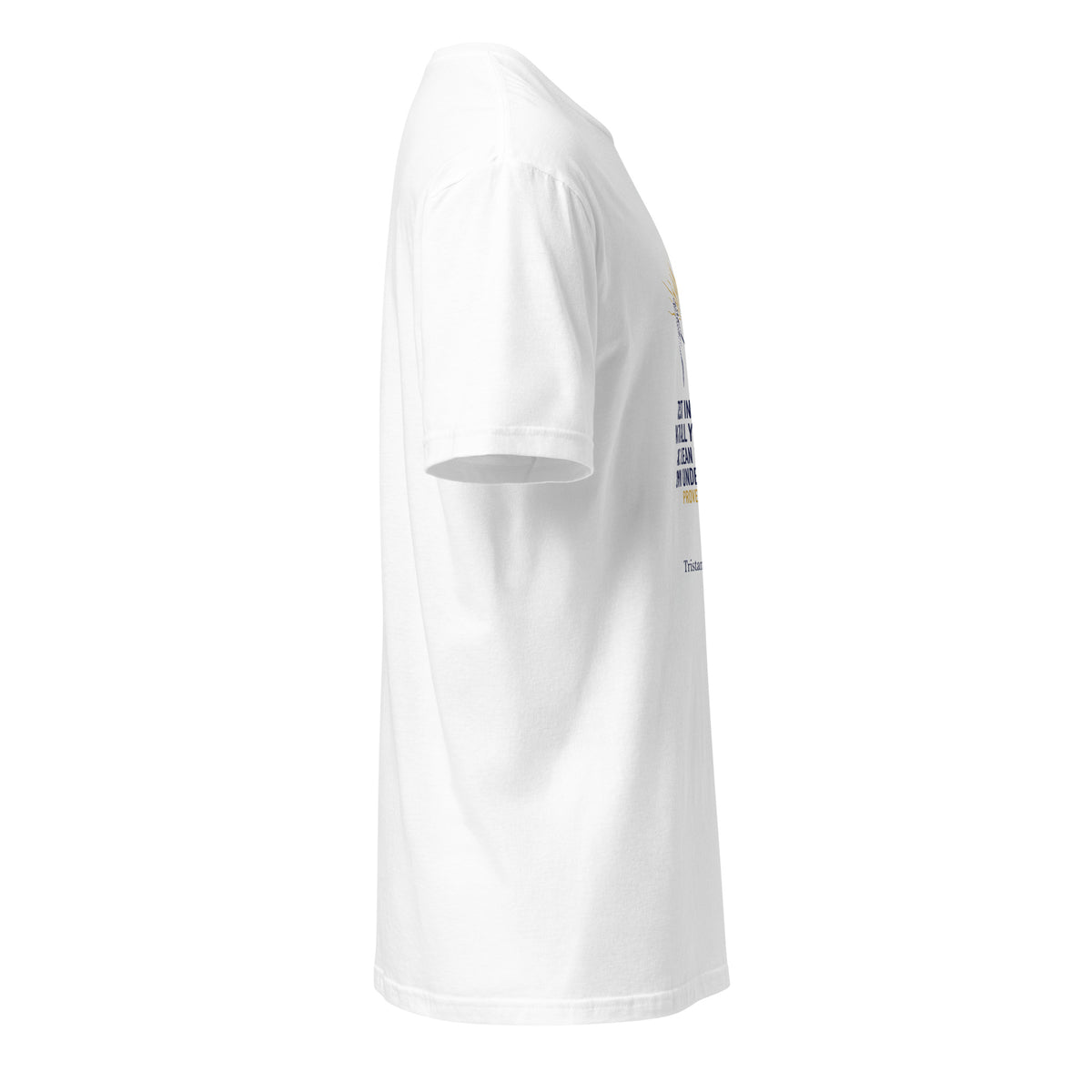 White unisex short-sleeve T-shirt by Tristan's Outlet, soft cotton fabric, casual fit, shown from the right side.